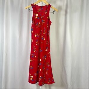 Cue XS Vibrant Red Floral Midi Dress V Neck Retro Sleeveless Feminine Artsy